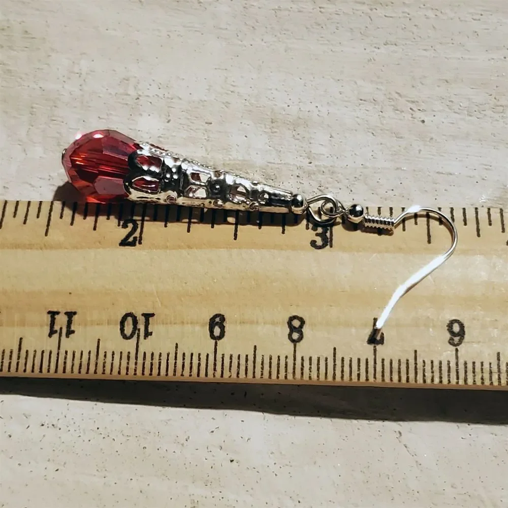 Hand Crafted Caged Filigree Faceted Red Crystal Silver Teardrop Earrings